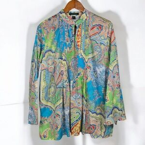 LAUREN Ralph Lauren Tunic Women 1X Paisley Print Pleated Front Bell Split Sleeve